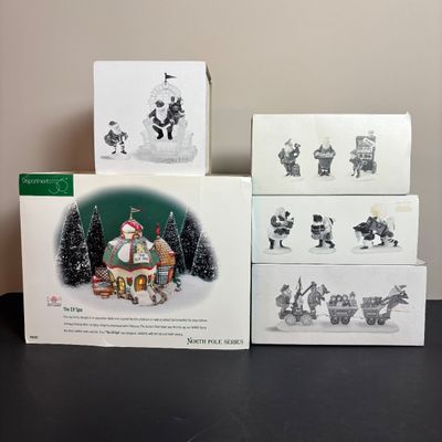 LOT 93: Dept 56 North Pole Series The Elf Spa & Heritage Collection Accessories: I'll Need More Toys, Baker Elves, Toy Maker...