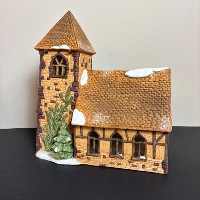 LOT 83: Dept 56 Heritage Village Collection Dickens Village Series: Village Church & Bishop Oast House & Village Porcelain Pine Tree