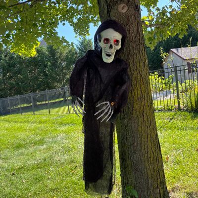 LOT 59: Halloween Inflatable Outdoor Lawn Decorations, Battery Operated Hanging Witch & Skelton