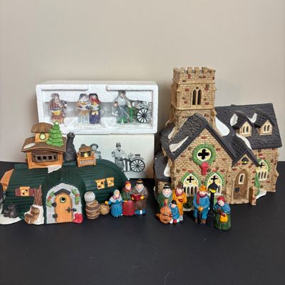 LOT 90: Dept 56 Dickens Village Houses & Accessories w/Original Boxes: Violet & Chestnut Vendor & Carolers, Peggotty's...
