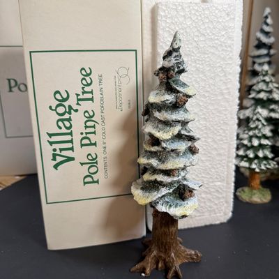 LOT 46: Dept 56 Holiday Village Accessories - Snowy Scotch Pines, Evergreen Trees, Pole Pine Tree, `Pole Pine Forest, and Postern