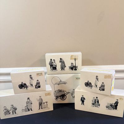 LOT 38: Dept 56 Holiday Village Accessories - Alpine Villagers(2 Sets), Vision of Christmas Past, Christmas Carol Morning, Chelsea Market...