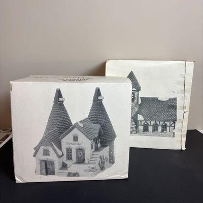 LOT 83: Dept 56 Heritage Village Collection Dickens Village Series: Village Church & Bishop Oast House & Village Porcelain Pine Tree
