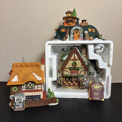 LOT 87: Dept 56 Dickens Village Houses w/Original Boxes: Leacock Poultry, Peggotty's Seaside Cottage, Betsy Trotwood's Cottage