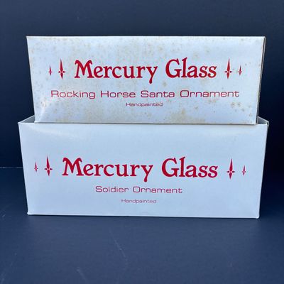 LOT 72: Dept 56 Hand Blown Mercury Glass Ornaments in Original Boxes - Toy Soldier & Santa on Rocking Horse