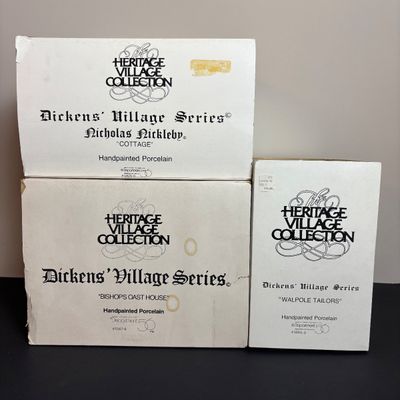 LOT 85: Dept 56 Dickens Village Series: Nicholas Nickleby Cottage, Bishops Oast House & Walpole Taylors