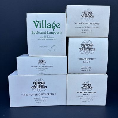 LOT 136: Dept 56 Village Accessories: Delivering the Christmas Tree, One Horse Open Sleigh, All Around Town, Transport & Popcorn Vendor