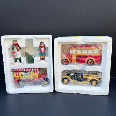 LOT 137: Dept 56 Village Accessories: Transport, Popcorn Vendor, All Aroun Town, The Old Man and the Sea, One Horse Open Sleigh