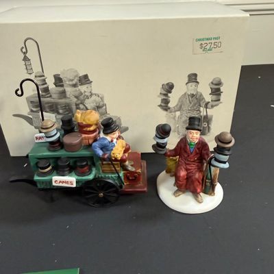 LOT 40: Dept 56 Holiday Accessories - Chelsea Market Hat Monger & Cart, One Horse Open Sleigh, Delivering Coal for the Hearth,...