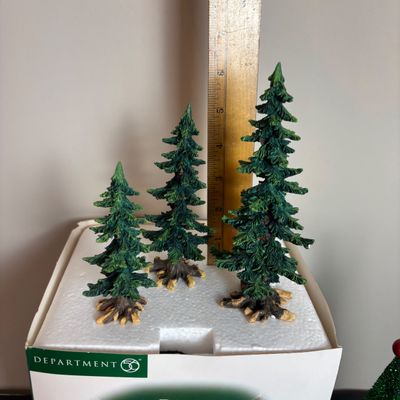 LOT 84: Dept 56 New England Series Wm. Walton Fine Clocks & Pocket Pieces. Pine Trees w/Cones, Peppermint Trees & Wagon Wheel...