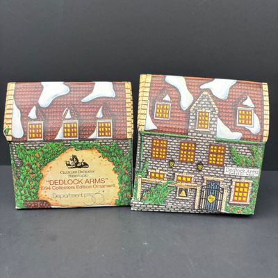 LOT 144: Dept 56 Charles Dickens Collector's Edition Ornaments Dedlock Arms (2) & Sir John Falstaff Inn (2), Oversized C9 Light...