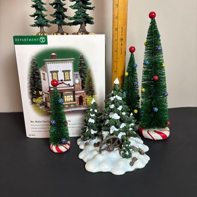 LOT 84: Dept 56 New England Series Wm. Walton Fine Clocks & Pocket Pieces. Pine Trees w/Cones, Peppermint Trees & Wagon Wheel...