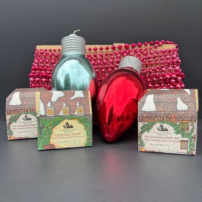 LOT 144: Dept 56 Charles Dickens Collector's Edition Ornaments Dedlock Arms (2) & Sir John Falstaff Inn (2), Oversized C9 Light...