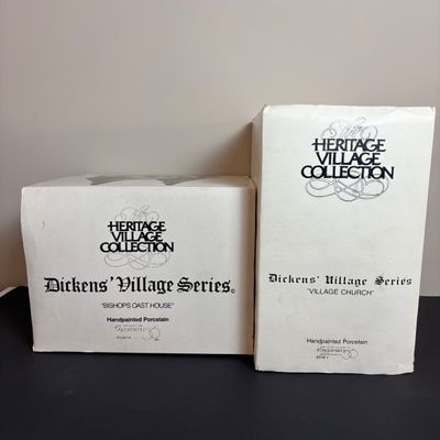 LOT 83: Dept 56 Heritage Village Collection Dickens Village Series: Village Church & Bishop Oast House & Village Porcelain Pine Tree