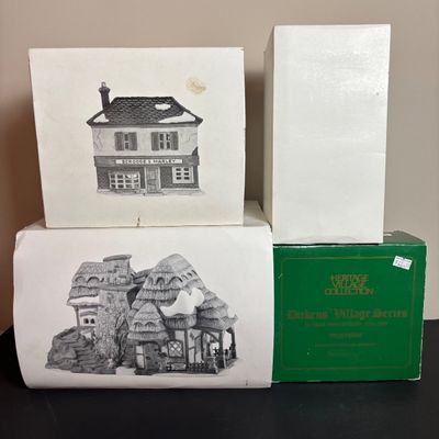 LOT 92: Dept 56 Dickens Village w/Original Boxes: Crooked Fence Cottage, Scrooge & Marley Counting House, Postern & Porcelain Tree