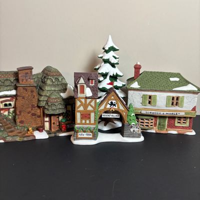 LOT 92: Dept 56 Dickens Village w/Original Boxes: Crooked Fence Cottage, Scrooge & Marley Counting House, Postern & Porcelain Tree