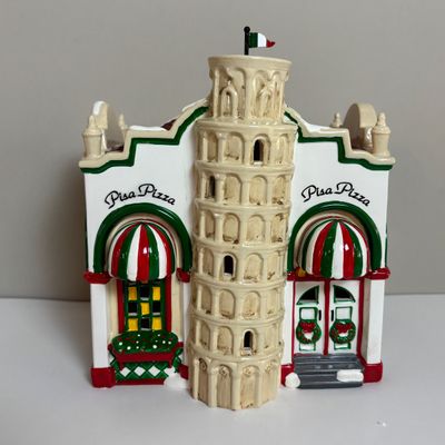 LOT 82: Dept 56 Snow Village Collection: Holly Brothers Garage, Pisa Pizza & Village Used Car Lot