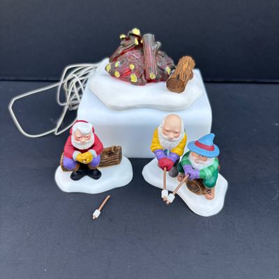 LOT 142: Village Accessories by Dept 56: Planning a Winter Vacation, Marshmallows Around the Campfire, Open Wide, Twinkling Lit Shrubs...