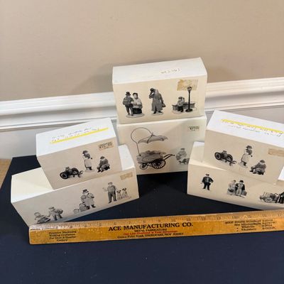 LOT 38: Dept 56 Holiday Village Accessories - Alpine Villagers(2 Sets), Vision of Christmas Past, Christmas Carol Morning, Chelsea Market...