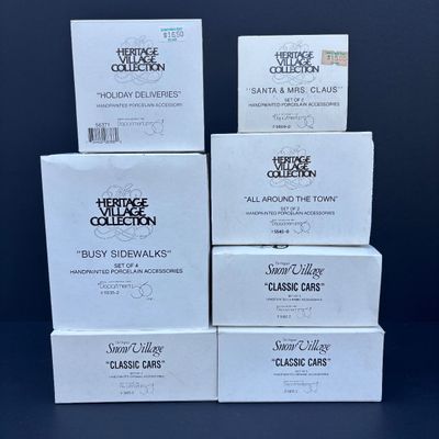 LOT 78: Dept 56 Accessories w/Original Boxes: Holiday Deliveries, Busy Sidewalks, Classic Cars, Santa & Mrs. Claus, All Around the Town