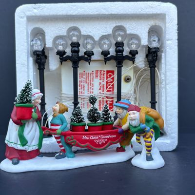 LOT 136: Dept 56 Village Accessories: Delivering the Christmas Tree, One Horse Open Sleigh, All Around Town, Transport & Popcorn Vendor