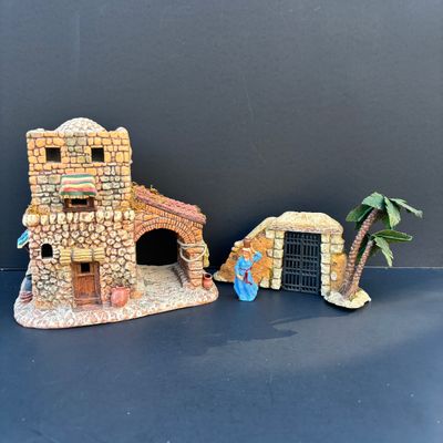 LOT 48: Dept 56 Little Town of Bethlehem - Town Gate, Gatekeeper's Dwelling and Holiday Time Nativity Accessory Pain Trees