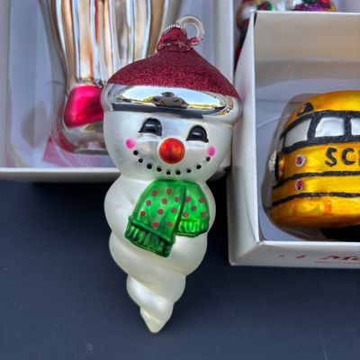LOT 74: Dept 56 Hand Blown Mercury Glass Ornaments in Original Boxes - School Bus, Santa, Gingerbread Man & Snowman
