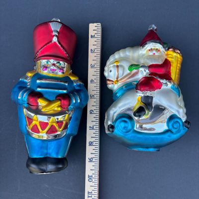 LOT 72: Dept 56 Hand Blown Mercury Glass Ornaments in Original Boxes - Toy Soldier & Santa on Rocking Horse
