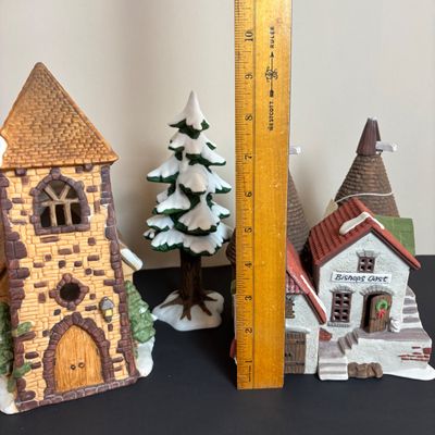 LOT 83: Dept 56 Heritage Village Collection Dickens Village Series: Village Church & Bishop Oast House & Village Porcelain Pine Tree