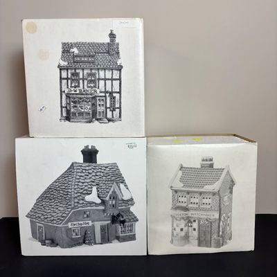 LOT 88: Dept 56 Dickens Village Houses w/Original Boxes: The Chop Shop, Geo Weeton Watchmaker & Golden Swan Baker