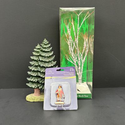 LOT 146: Assorted Christmas Village Accessories, Trees, Figures & Power Adapter