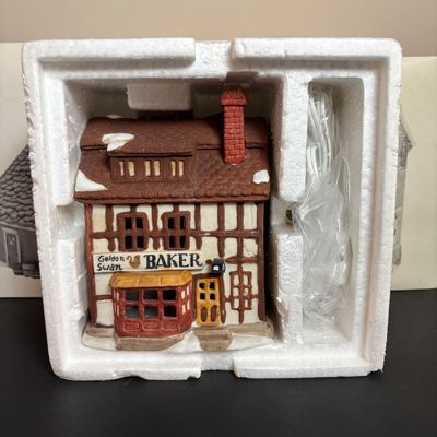 LOT 88: Dept 56 Dickens Village Houses w/Original Boxes: The Chop Shop, Geo Weeton Watchmaker & Golden Swan Baker