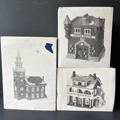 LOT 147: Dept 56 New England Series Old North Church & Captain's Cottage along with Dickens Series Coble Police Station