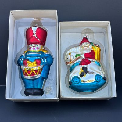 LOT 72: Dept 56 Hand Blown Mercury Glass Ornaments in Original Boxes - Toy Soldier & Santa on Rocking Horse