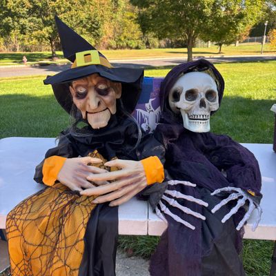 LOT 59: Halloween Inflatable Outdoor Lawn Decorations, Battery Operated Hanging Witch & Skelton
