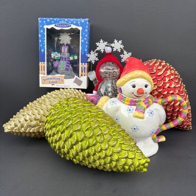 LOT 145: Traditions Holiday Celebrations Snowman Teapot by Christopher Radko, Hallmark Snowman's Land Ornament, Over-Sized Pinecone...