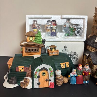 LOT 90: Dept 56 Dickens Village Houses & Accessories w/Original Boxes: Violet & Chestnut Vendor & Carolers, Peggotty's...
