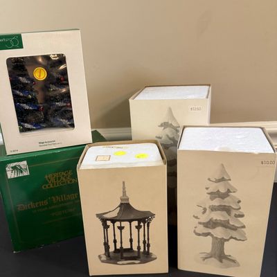 LOT 39: Dept 56 Holiday Accessories - Town Square Gazebo, Village Porcelain Pine Small and Large, Postern and Decorated Sisal Christmas...
