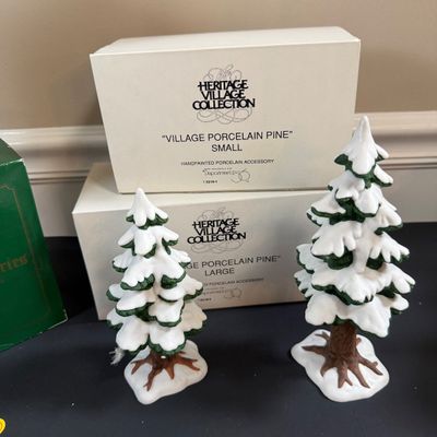 LOT 39: Dept 56 Holiday Accessories - Town Square Gazebo, Village Porcelain Pine Small and Large, Postern and Decorated Sisal Christmas...