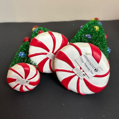 LOT 84: Dept 56 New England Series Wm. Walton Fine Clocks & Pocket Pieces. Pine Trees w/Cones, Peppermint Trees & Wagon Wheel...