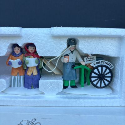 LOT 76: Dept 56 Accessories w/Original Boxes: Sing a Song for Santa, Carolers on the Doorstep, Violet Vendor- Chestnut Vendor-Carolers,...