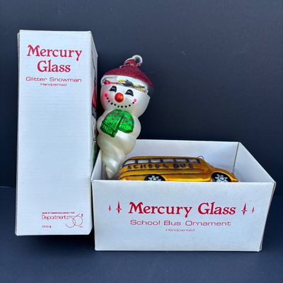LOT 74: Dept 56 Hand Blown Mercury Glass Ornaments in Original Boxes - School Bus, Santa, Gingerbread Man & Snowman