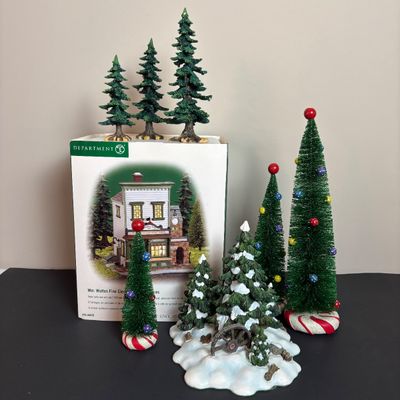 LOT 84: Dept 56 New England Series Wm. Walton Fine Clocks & Pocket Pieces. Pine Trees w/Cones, Peppermint Trees & Wagon Wheel...