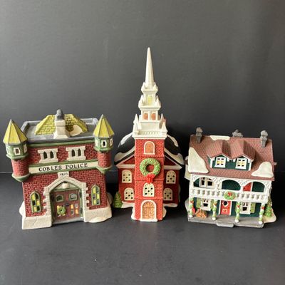LOT 147: Dept 56 New England Series Old North Church & Captain's Cottage along with Dickens Series Coble Police Station