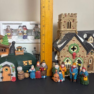LOT 90: Dept 56 Dickens Village Houses & Accessories w/Original Boxes: Violet & Chestnut Vendor & Carolers, Peggotty's...