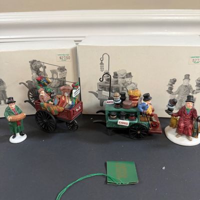 LOT 40: Dept 56 Holiday Accessories - Chelsea Market Hat Monger & Cart, One Horse Open Sleigh, Delivering Coal for the Hearth,...