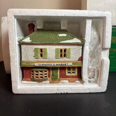 LOT 92: Dept 56 Dickens Village w/Original Boxes: Crooked Fence Cottage, Scrooge & Marley Counting House, Postern & Porcelain Tree