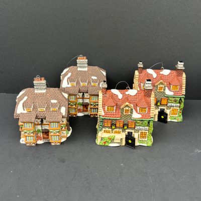 LOT 144: Dept 56 Charles Dickens Collector's Edition Ornaments Dedlock Arms (2) & Sir John Falstaff Inn (2), Oversized C9 Light...