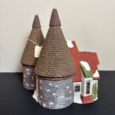 LOT 83: Dept 56 Heritage Village Collection Dickens Village Series: Village Church & Bishop Oast House & Village Porcelain Pine Tree