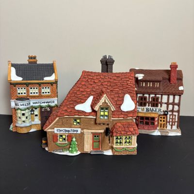 LOT 88: Dept 56 Dickens Village Houses w/Original Boxes: The Chop Shop, Geo Weeton Watchmaker & Golden Swan Baker